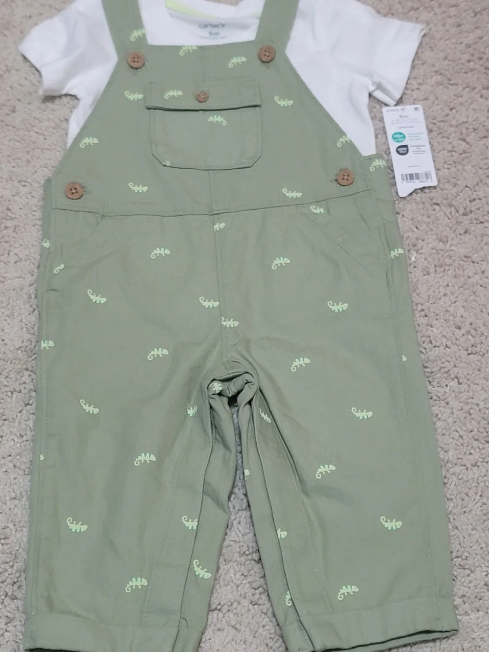 9M 2 Piece Set Carter's Olive Green Printed Baby Overalls